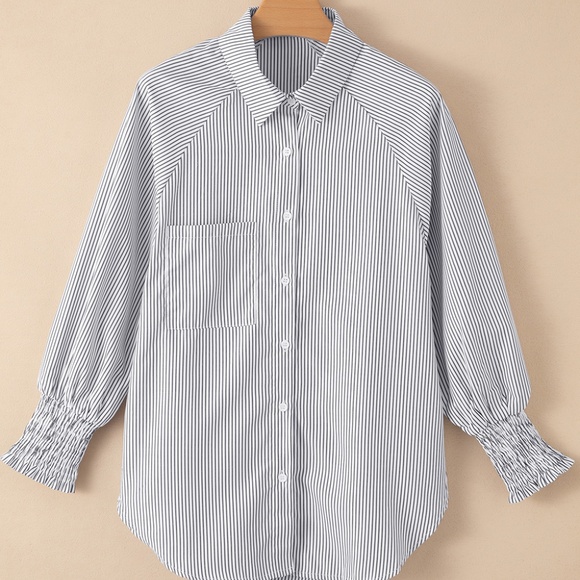Smocked Cuffed Striped Boyfriend‎ Shirt with Pocket - Picture 7 of 14